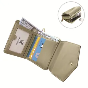 Three-fold short wallet in khaki green with card slots and a clear ID window