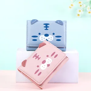 Cute cartoon animal tri-fold PU leather wallets with tiger prints in pink and light blue