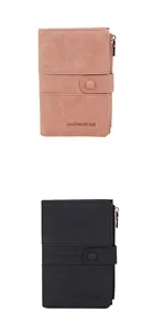 Detail view of pink and black matte leather RFID passport wallets with zipper and snap closure