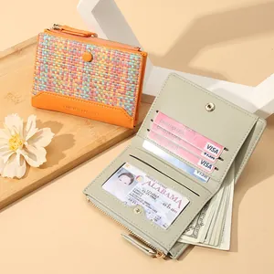 Portefeuille tissé pour femmes en cuir orange et vert avec fentes cartes et poche monnaie