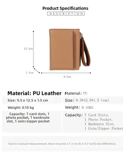 Detailed size specifications for brown PU leather wallet with 7 card slots and wrist strap