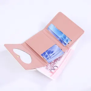 Pink PU leather tri-fold wallet for women with heart-shaped photo slot and multi-card holder