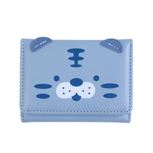 Cute light blue PU leather cartoon tiger wallet with folding design and 3D ears