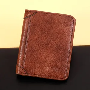 Ultradünne Herren-Geldbörse aus braunem Leder mit Vintage-Maserung im Dreifach-Design