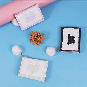 Cute Cartoon Rabbit Women Tri-fold Short Wallet PU Leather Card Holder With Plush Ball Pendant Korean Sweet Girls Purse