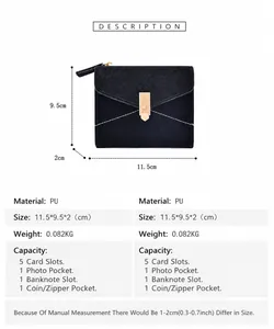 Detailed view of black PU leather bifold wallet with gold buckle and dimensions 11.5x9.5x2cm
