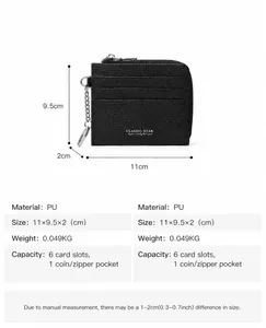 Detailed size map of black PU leather card wallet with L-shaped zipper and keychain