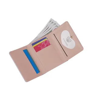 Pink PU leather trifold wallet with heart photo slot and multiple card compartments