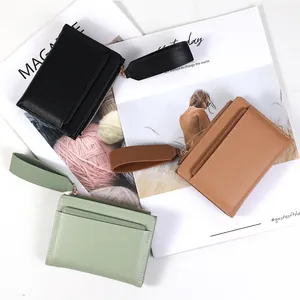 Women Minimalist PU Leather Short Wallet Saffiano Texture Card Holder Zipper Coin Purse Macaron Color Purse With Wrist Strap
