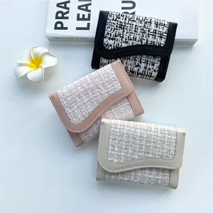 Portafogli minimalisti in tweed patchwork da donna in nero, rosa e bianco crema