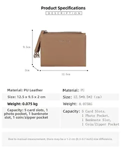 Detailed size chart and internal layout of the brown PU leather short zip wallet