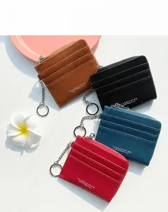 Detailed close-up of colorful multi-slot leather card holders with metal zipper and keychain