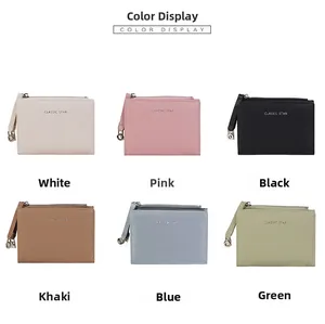 Collection of compact litchi texture wallets in six colors with metal zippers