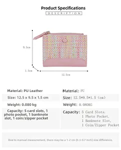 Portafoglio in pelle PU intrecciata rosa, dimensioni 12,5x9,5x1,5cm vista dettagliata