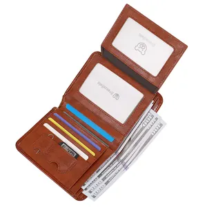 Vintage brown pebble leather trifold wallet for men with multi-card slots and ID windows
