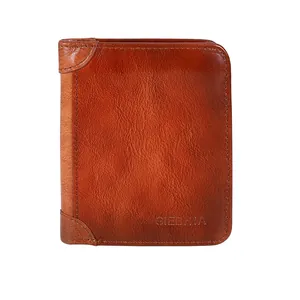 Slim vertical bifold wallet for men in brown genuine leather with embossed logo detail