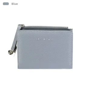 Detailed view of blue pebbled leather wallet featuring silver zipper and Classic Star logo