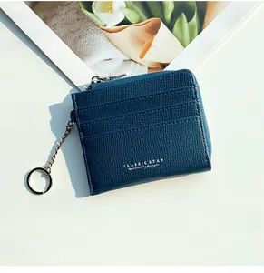 Macro detail of dark blue pebbled leather card wallet with silver zipper and keychain
