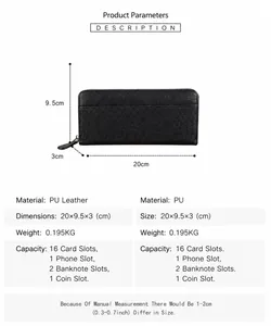 Detailed size chart and internal structure specifications of a black PU leather long wallet
