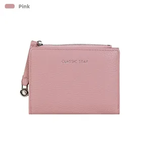 Close-up of pink litchi grain leather wallet with silver zipper and Classic Star logo