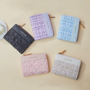 Damen-Mini-Geldbörsen aus Tweed und PU-Leder mit Goldreißverschluss in fünf Pastellfarben