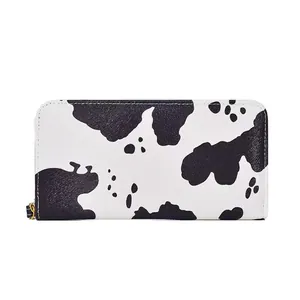 Long cow print wallet for women with high capacity zipper and premium PU leather