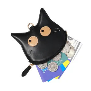Mini borsa da collo a gatto nero in pelle PU con scomparti per carte e chiusura a zip