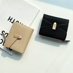 Women's chic lychee pattern leather short wallet with snap closure and gold metal lock