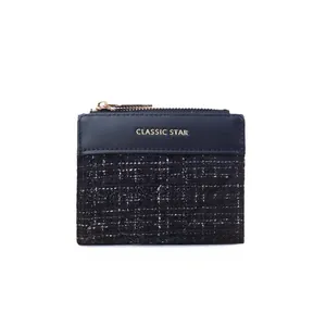 Minimalistischer Damen-Geldbeutel aus schwarzem Tweed und Leder mit goldenem Reißverschluss