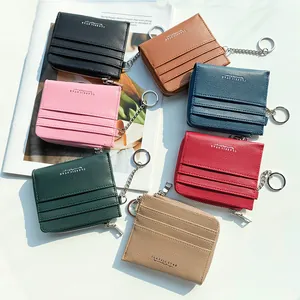 Litchi pattern leather zip card wallet with keychain in seven vibrant colors