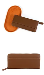 Brown lychee leather long wallet with silver zipper and decorative stitching detail