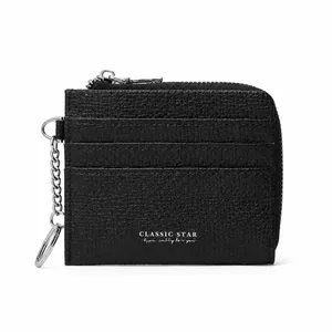 Classic black Saffiano leather card holder with zip pocket and integrated keychain