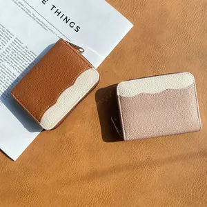 Portamonete da Donna Minimalista in Pelle PU a Grana Litchi Bordo a Festone Colore a Contrasto Portacarte Piccolo Portafoglio con Cerniera