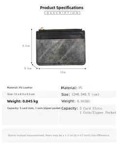 Slim PU leather card holder with dimensions 12x8.5x0.5cm and 5 card slots with zipper