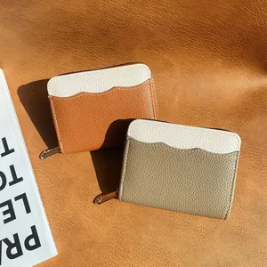 Portamonete in pelle stile giapponese bicolore arancione e kaki con cerniera