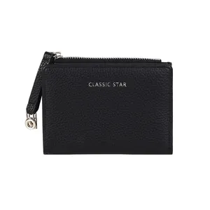 Classic black pebbled leather small wallet for women with silver zipper and star detail