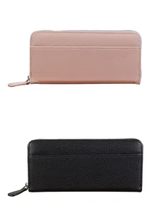 Detailed view of pink and black long zip wallets with premium lychee grain leather texture