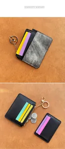 Macro view of compact card holder with zipper pocket and metal keychain accessory