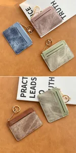 Detail view of colorful mini card holders with card slots and golden zipper keychains