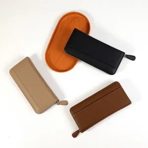 Long leather zipper wallet for women in black beige and brown with lychee pattern