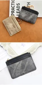 Close-up of slim leather card holder with multiple slots, zipper pocket and key chain