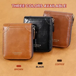 Detailed view of vintage men's wallets in brown, black, and coffee with U-zip closure