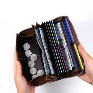 Brown leather long wallet for women with zipper and multiple card slots capacity