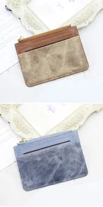 Detail view of slim PU leather card holder wallet with metal zipper and multi-card slots