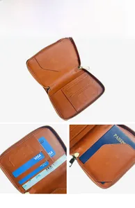 Detail view of brown leather travel wallet showing interior RFID slots and passport holder