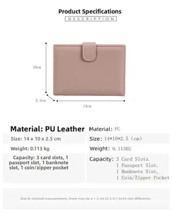 Pink PU leather travel passport wallet detailing internal slots and product dimensions