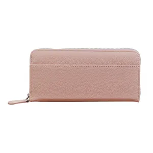 Pink lychee grain leather long wallet with zipper closure and front slot pocket