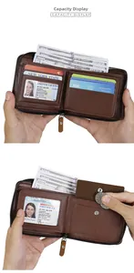 Vue interne du portefeuille zippé marron pour homme avec fentes cartes et poche monnaie