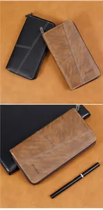 Details von Herren-Lange-Geldbörse mit Kieselleder-Textur und weißen Kontrastnähten