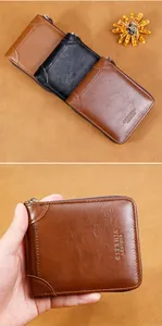Close-up of vintage leather texture on men's zip wallet in brown and black finishes